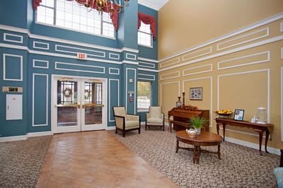 Interior view of a bright lobby with seating