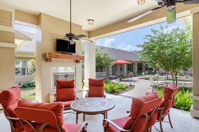 Outdoor seating area with garden views
