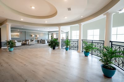 Bright, airy common area with plants and seating