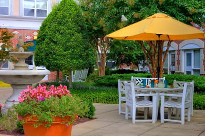 Outdoor seating area with fountain and flowers