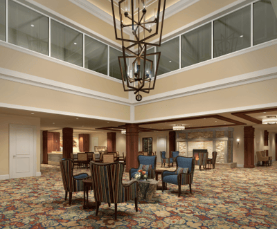 Interior view of a common area with seating and decor