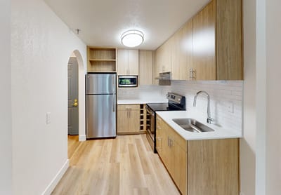 Modern kitchen in a senior living facility apartment