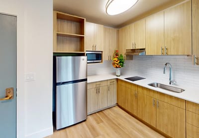 Modern kitchen area within a senior living facility