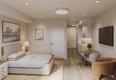 Stylish interior of a resident room with modern decor