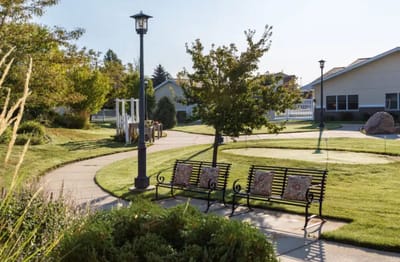 Pathway and benches in a landscaped outdoor area