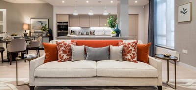 Interior view of a stylish common area in a senior living facility