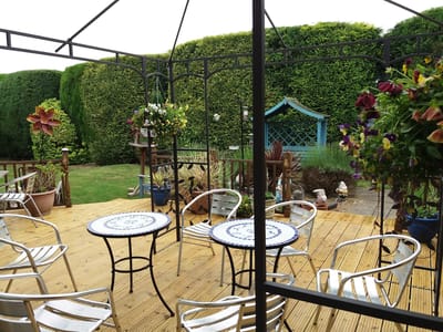 Outdoor seating area with chairs and greenery