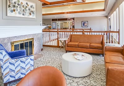 Bright and inviting common area with seating