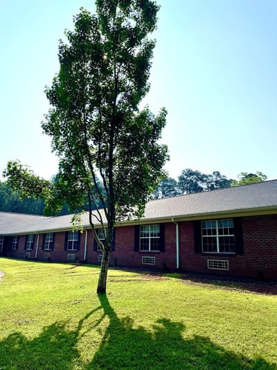 Exterior view of a senior care facility with a tree