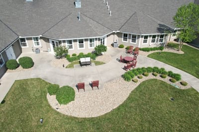 Aerial view of an outdoor space with pathways and seating