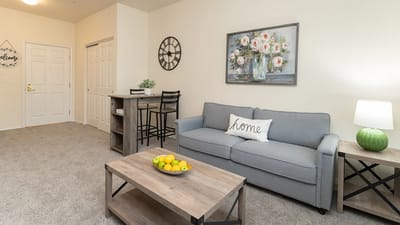 Cozy living room setup in a senior living unit