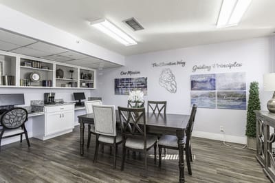 Interior common area with a dining table and decorations