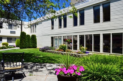 Quiet outdoor area with flowering plants and a seating arrangement