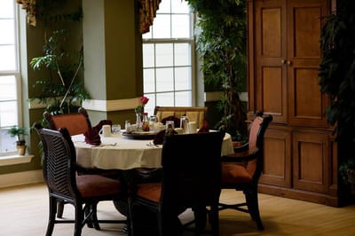 Dining room table set for a meal with plants