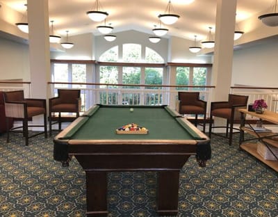 Interior view of a game area with a pool table