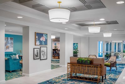 Bright and welcoming common area with seating and decor