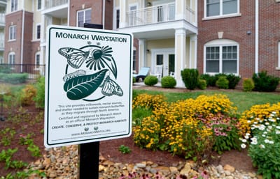 Sign for Monarch Waystation with flowers and greenery