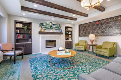 Cozy lounge area with a fireplace and bookshelves