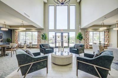 Bright and inviting common area with seating