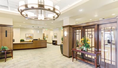 Interior view of a lobby with reception area