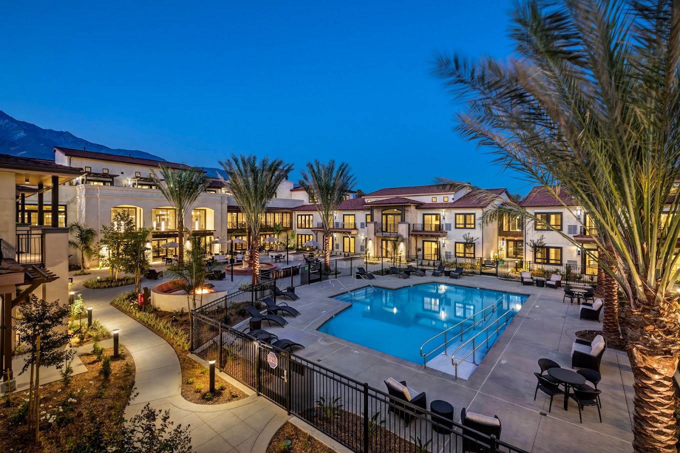 Outdoor pool area with palm trees and lounge chairs