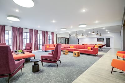Bright common area with modern furniture