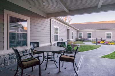 Outdoor seating area with garden view