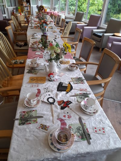 Decorative dining table setup in a common area