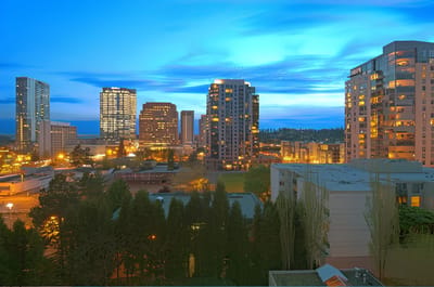 Cityscape view of Bellevue with illuminated buildings