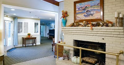 Cozy interior common area with fireplace