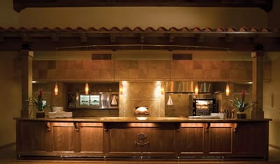 Well-lit dining area with a food display