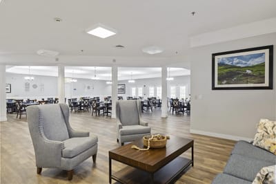 Bright and spacious dining area with tables and chairs