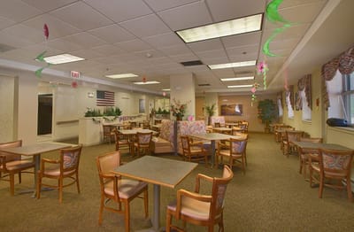Bright dining area with tables and decorations