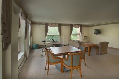 Bright interior common area with seating
