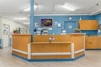 Reception area of a senior living facility with a welcoming design