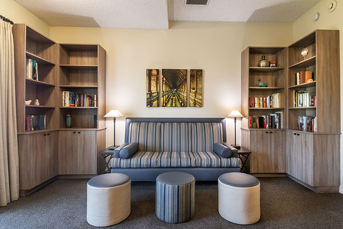 Cozy common area with a sofa and bookshelves