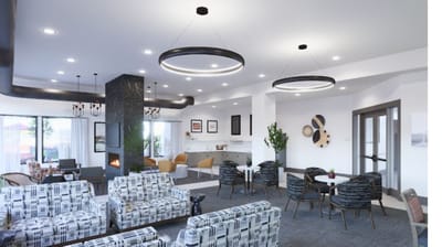 Modern common area with seating and lighting fixtures