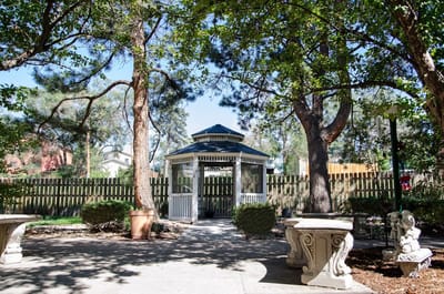 Outdoor gazebo surrounded by trees in the facility garden