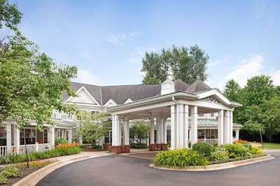 Exterior view of a senior living facility entrance