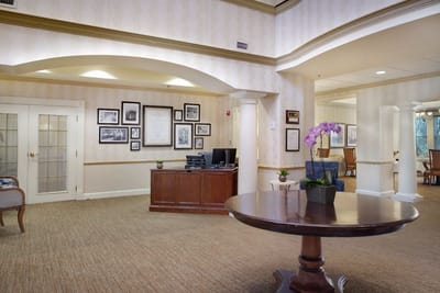 Interior view of a common area with reception desk