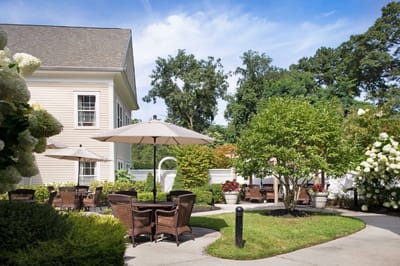 Outdoor seating area with umbrellas and greenery