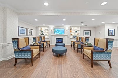 Bright common area with comfortable seating and decor