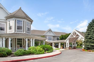 Exterior view of a senior living facility entrance