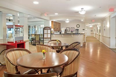 Bright common area with seating and decor
