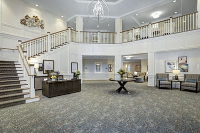 Bright and spacious lobby of a senior living facility