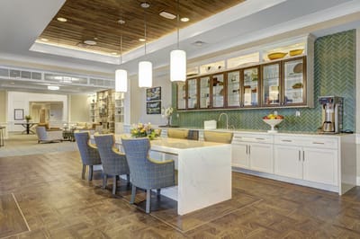 Bright interior common area with seating and decor