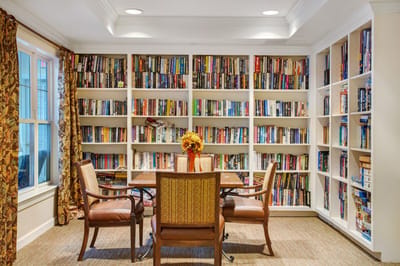 Cozy reading nook with bookshelves and seating