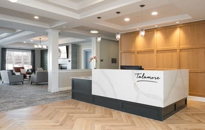 Reception area of Talamore Senior Living with a modern design