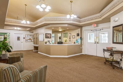 Bright lobby area with welcoming seating and reception desk