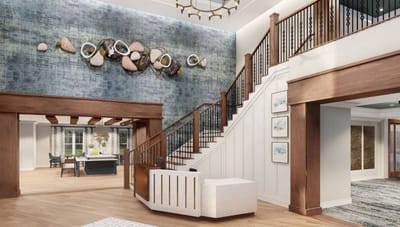 Bright interior of a common area with a staircase